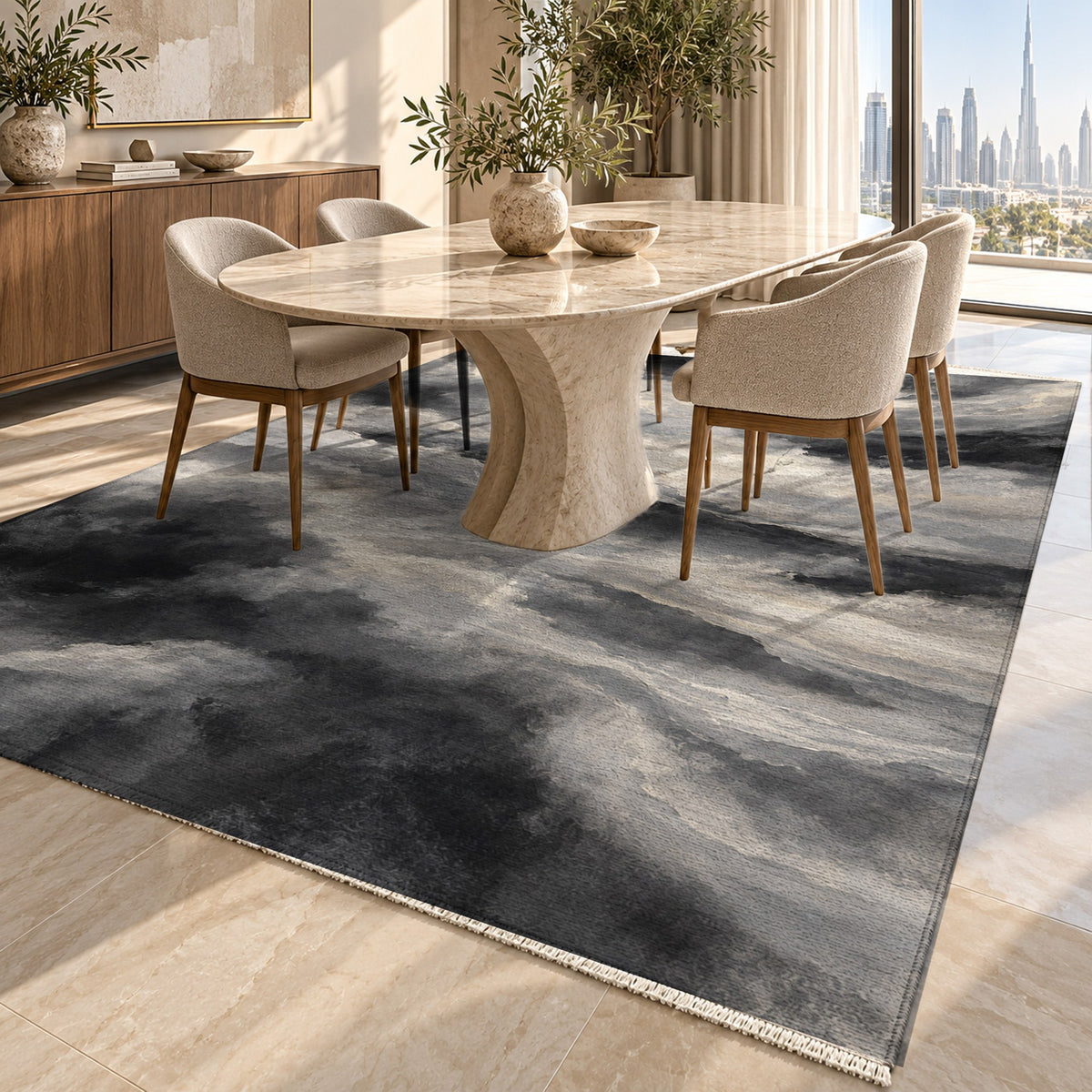 Cloud Atlas Charcoal Abstract Washable Rug — dubai dining