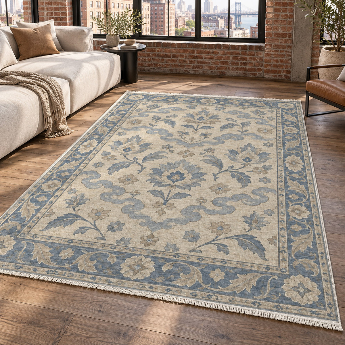 Cloudband Garden Blue Ivory Classic Washable Rug — new york living