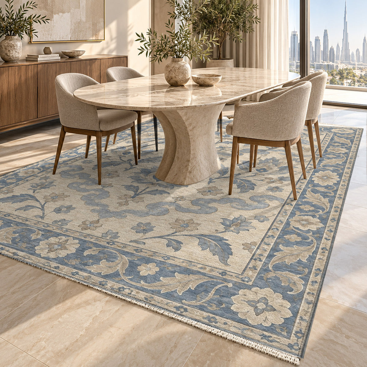 Cloudband Garden Blue Ivory Classic Washable Rug — dubai dining
