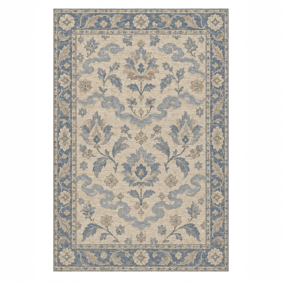 Cloudband Garden Blue Ivory Classic Washable Rug — top view