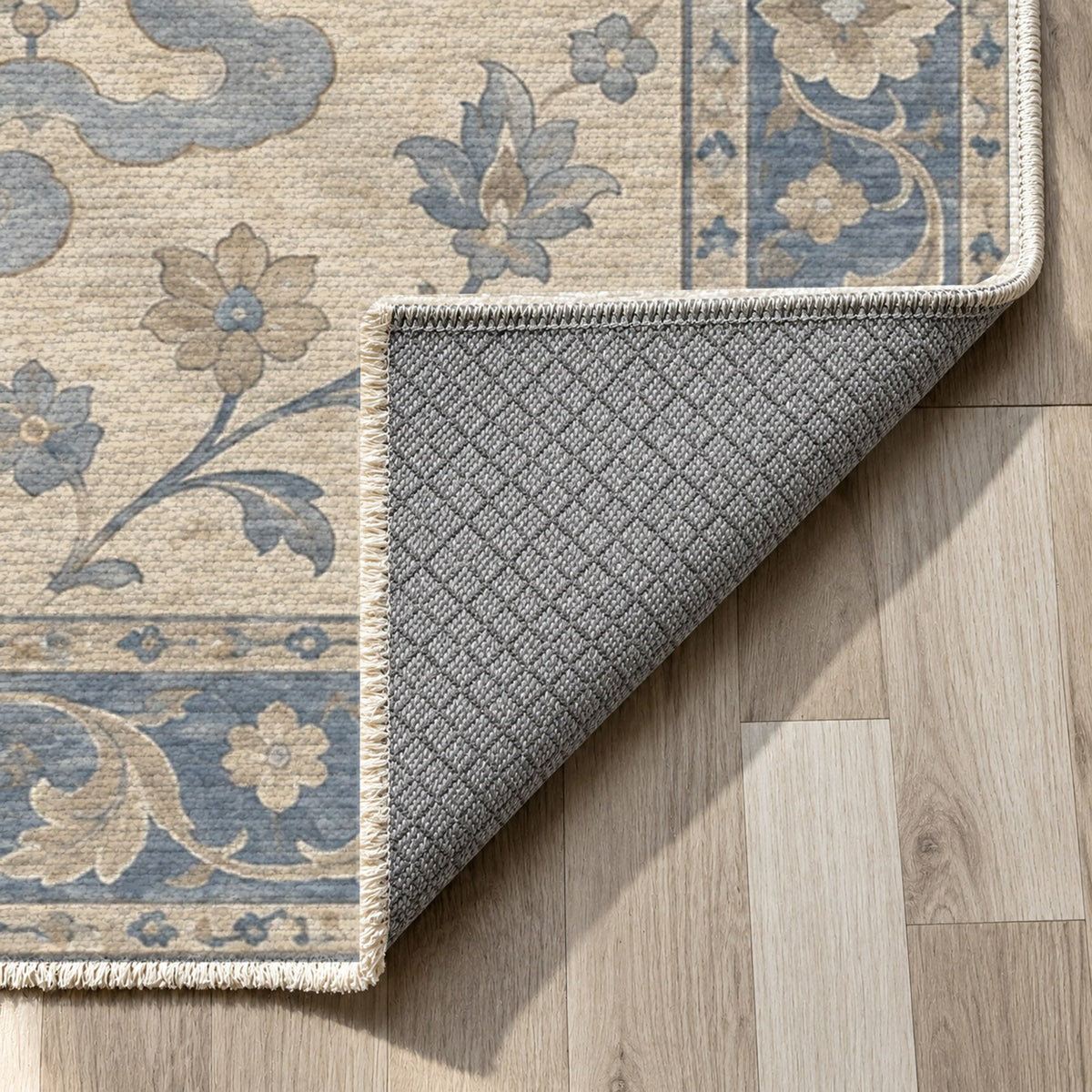 Cloudband Garden Blue Ivory Classic Washable Rug — backing close up