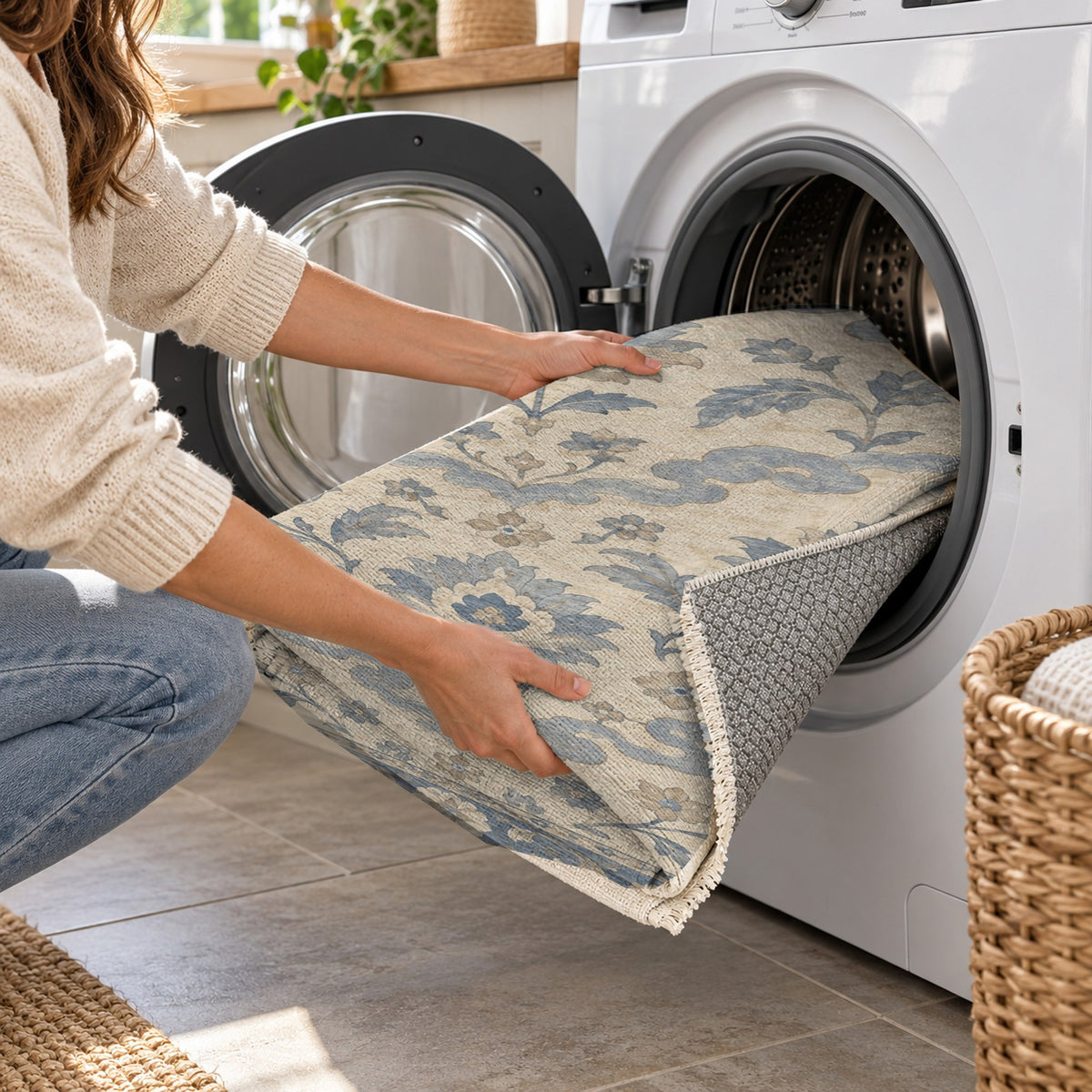 Cloudband Garden Blue Ivory Classic Washable Rug — washing machine