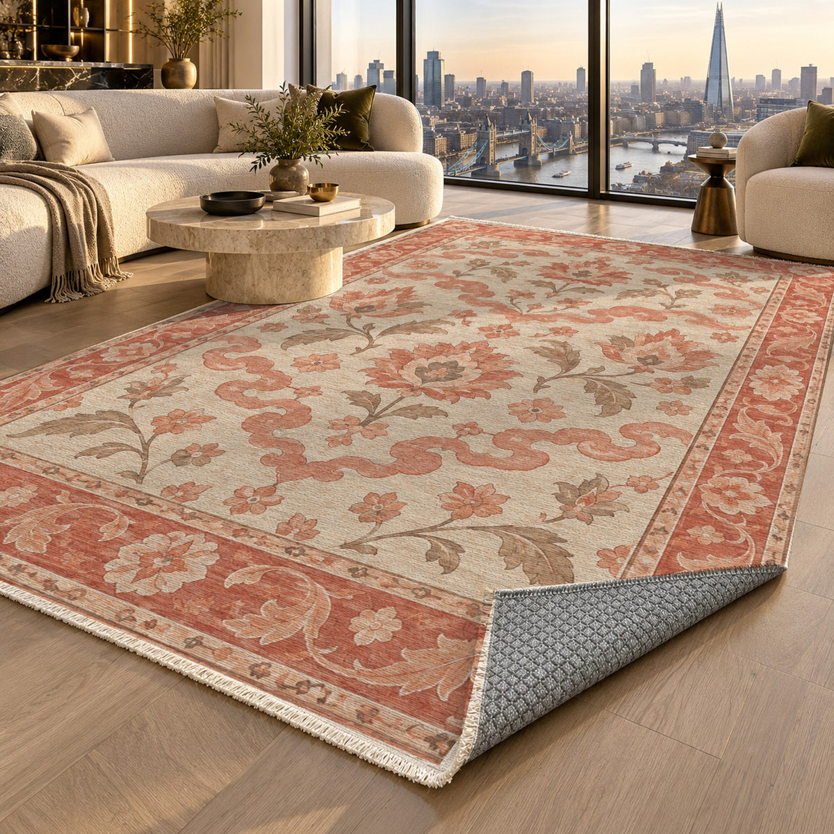 Cloudband Garden Coral Sand Classic Washable Rug — london luxury living