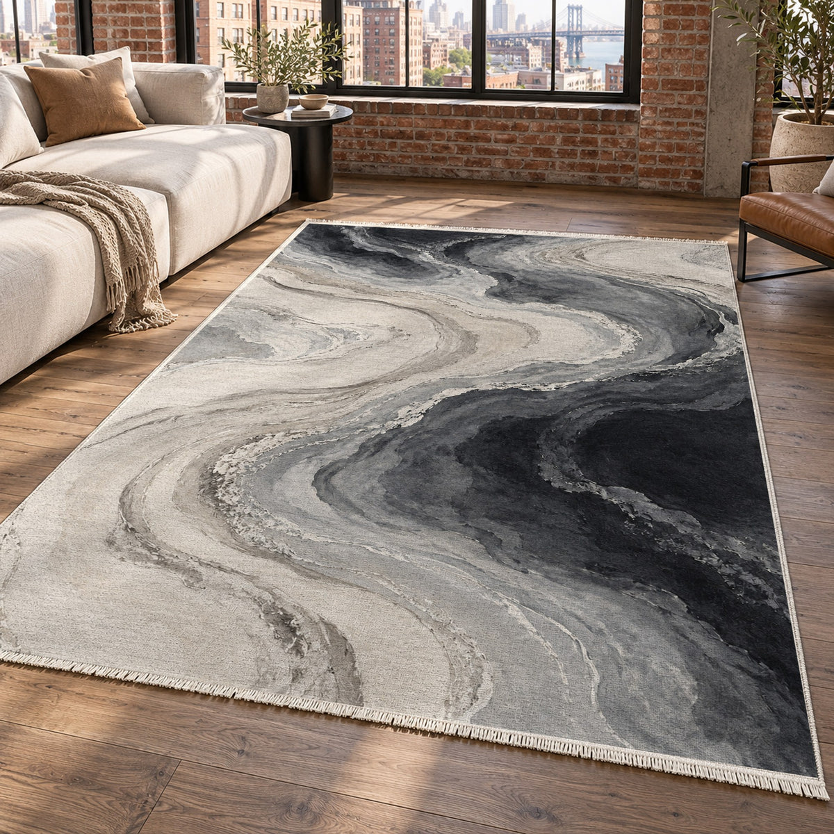 Coastal Contours Charcoal Abstract Washable Rug — new york living