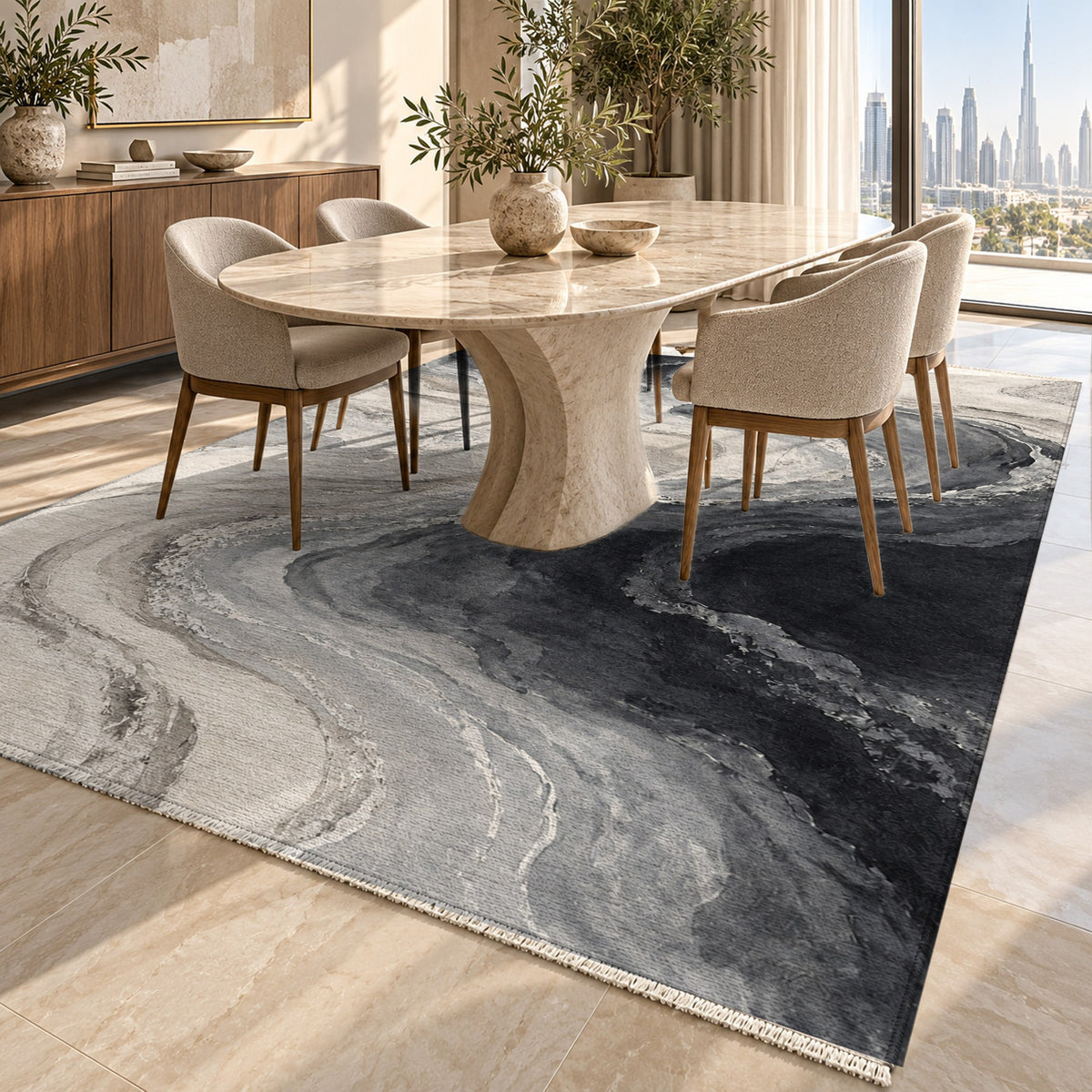 Coastal Contours Charcoal Abstract Washable Rug — dubai dining