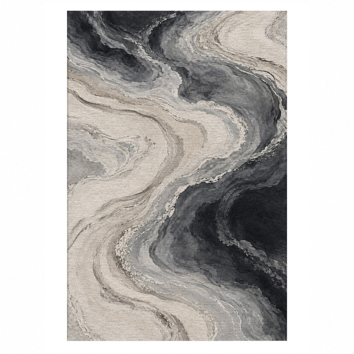 Coastal Contours Charcoal Abstract Washable Rug — top view