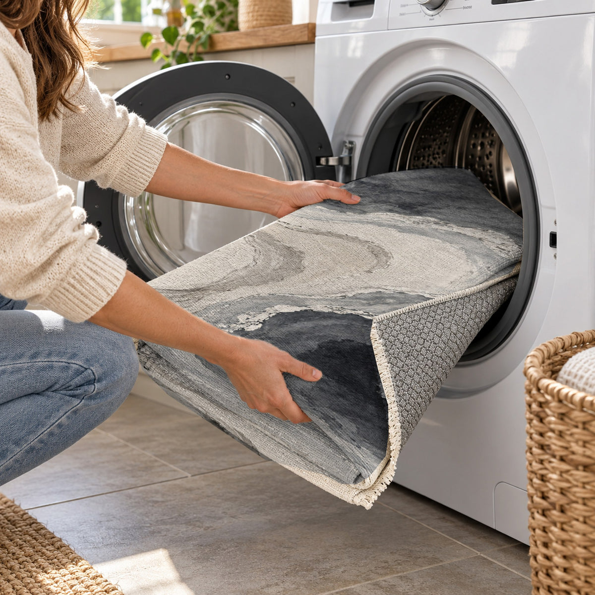 Coastal Contours Charcoal Abstract Washable Rug — washing machine