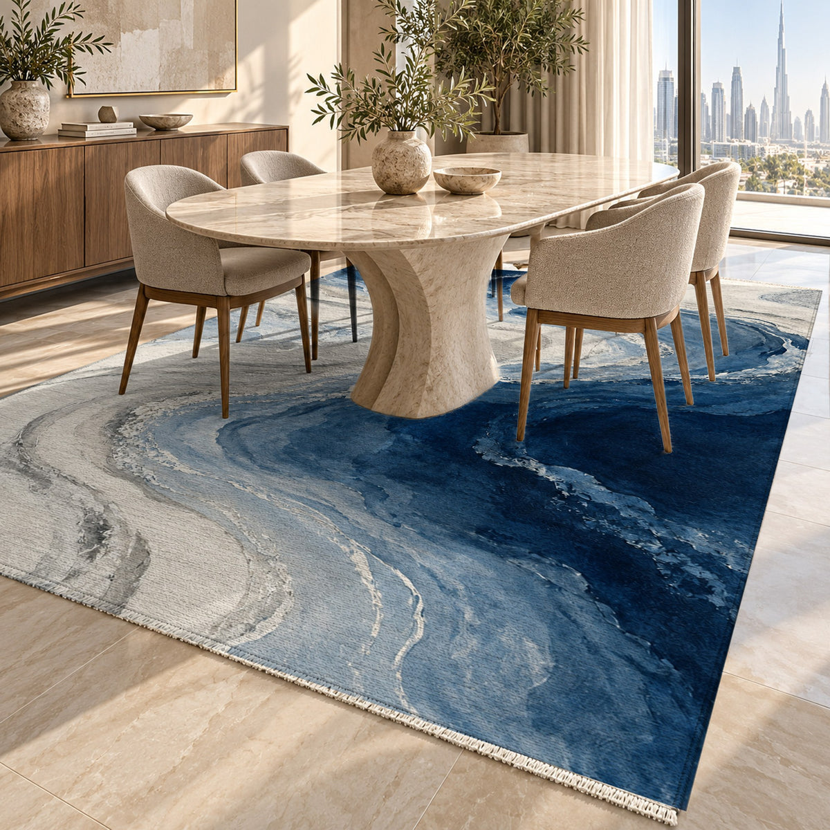 Coastal Contours Indigo Abstract Washable Rug — dubai dining