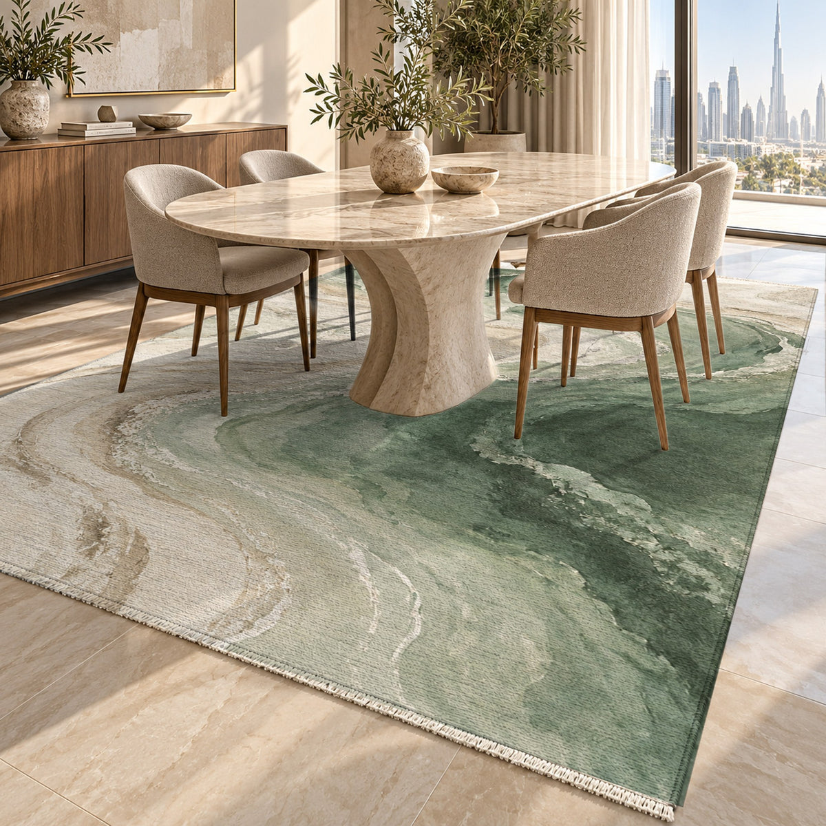 Coastal Contours Sage Abstract Washable Rug — dubai dining