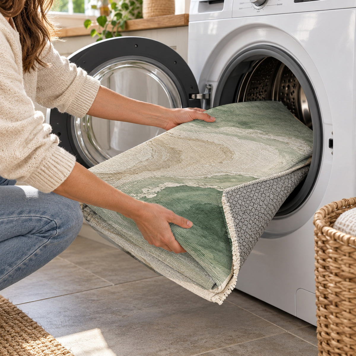 Coastal Contours Sage Abstract Washable Rug — washing machine