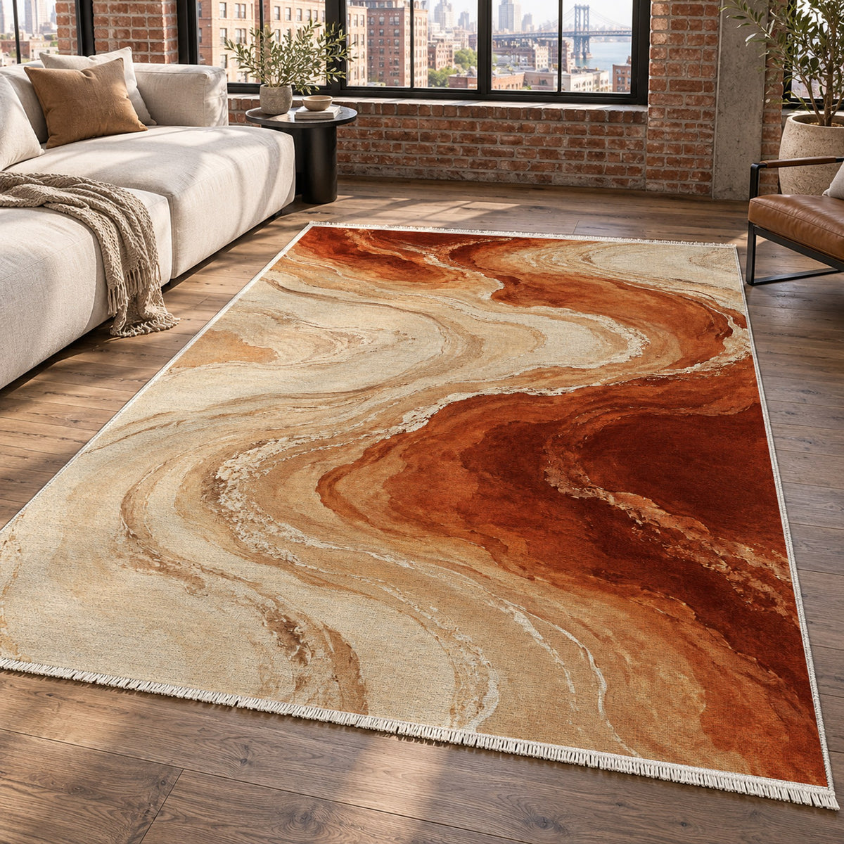 Coastal Contours Terracotta Abstract Washable Rug — new york living