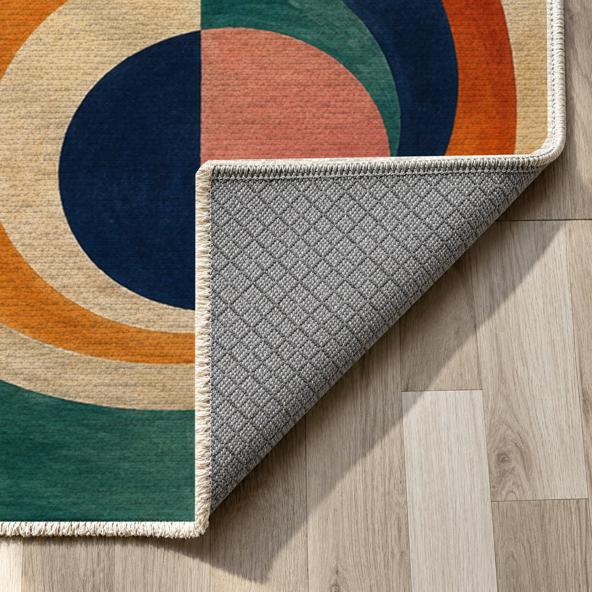 Colour Tides Abstract Washable Rug — backing close up
