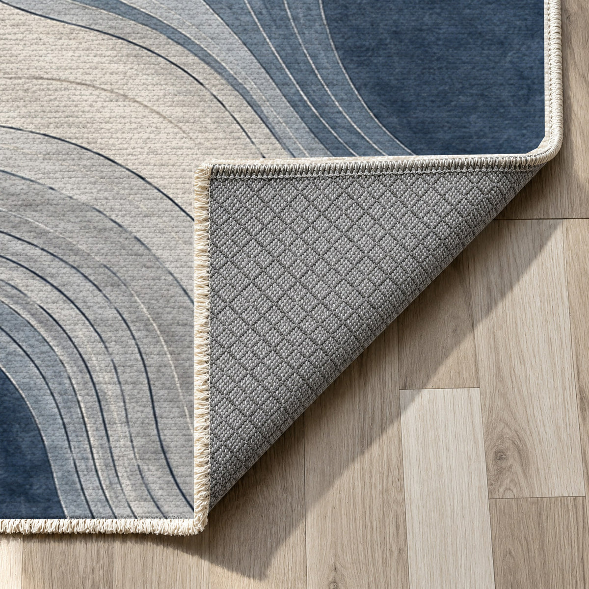 Contour Flow Blue Grey Modern Washable Rug — backing close up