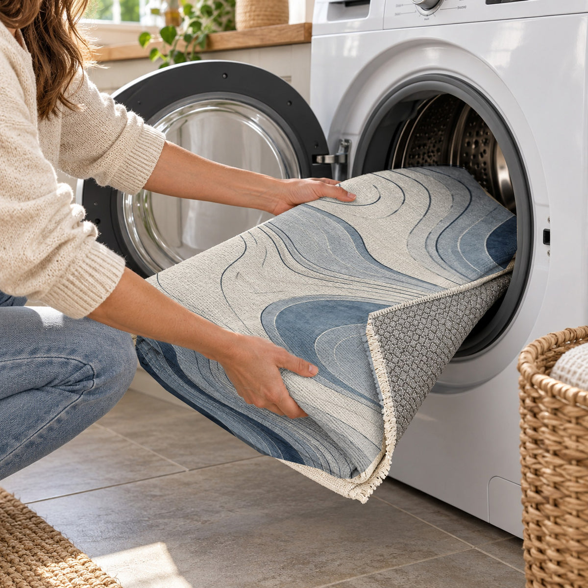 Contour Flow Blue Grey Modern Washable Rug — washing machine