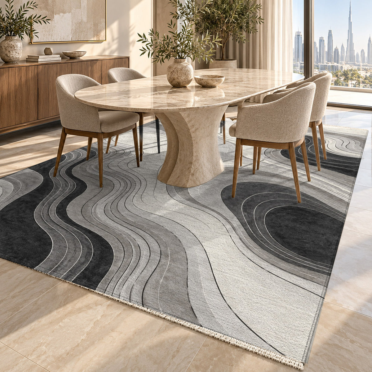 Contour Flow Charcoal Ivory Modern Washable Rug — dubai dining