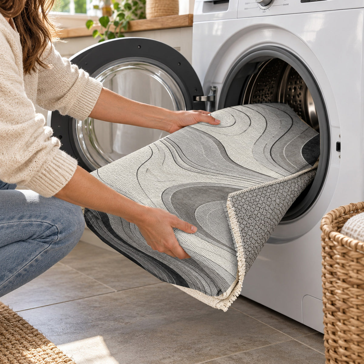 Contour Flow Charcoal Ivory Modern Washable Rug — washing machine