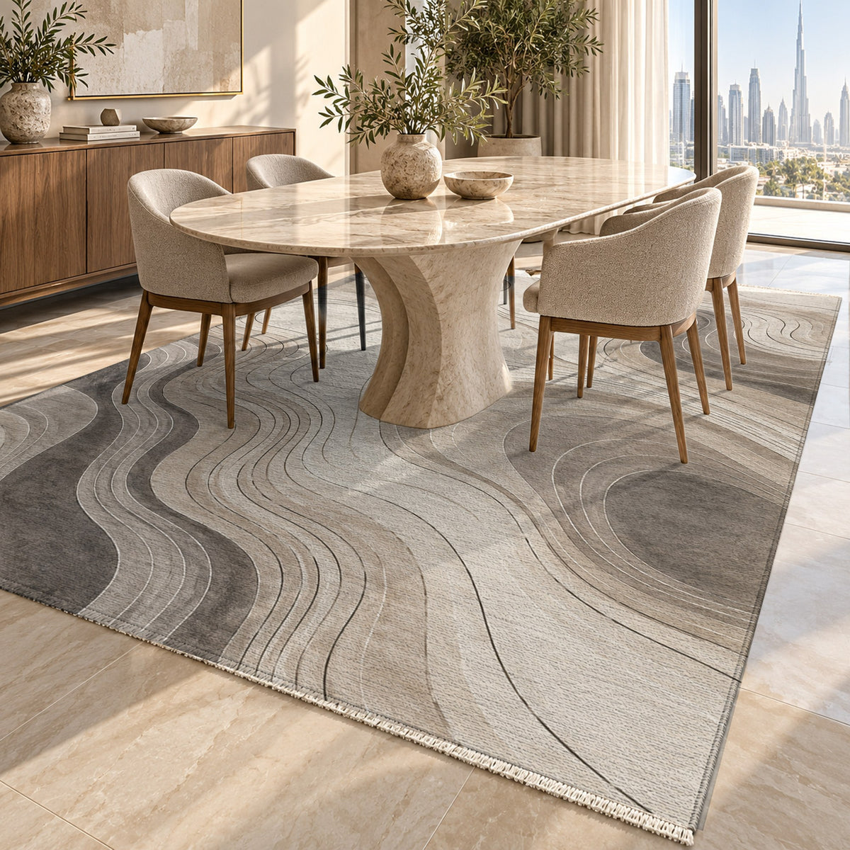 Contour Flow Ivory Taupe Modern Washable Rug — dubai dining