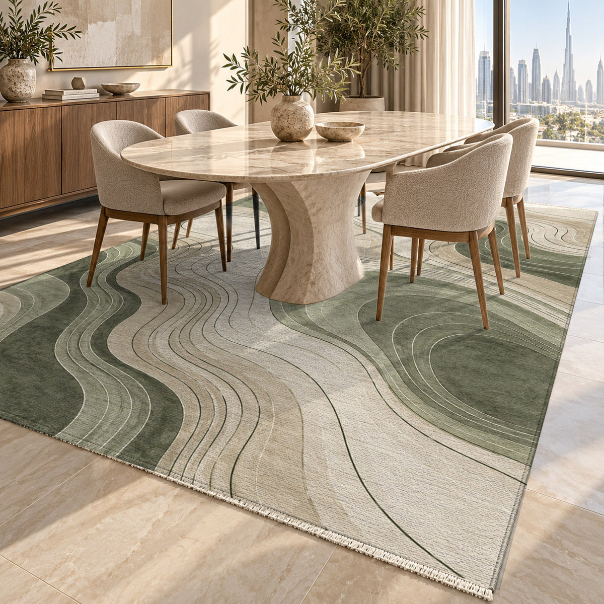 Contour Flow Sage Sand Modern Washable Rug — dubai dining
