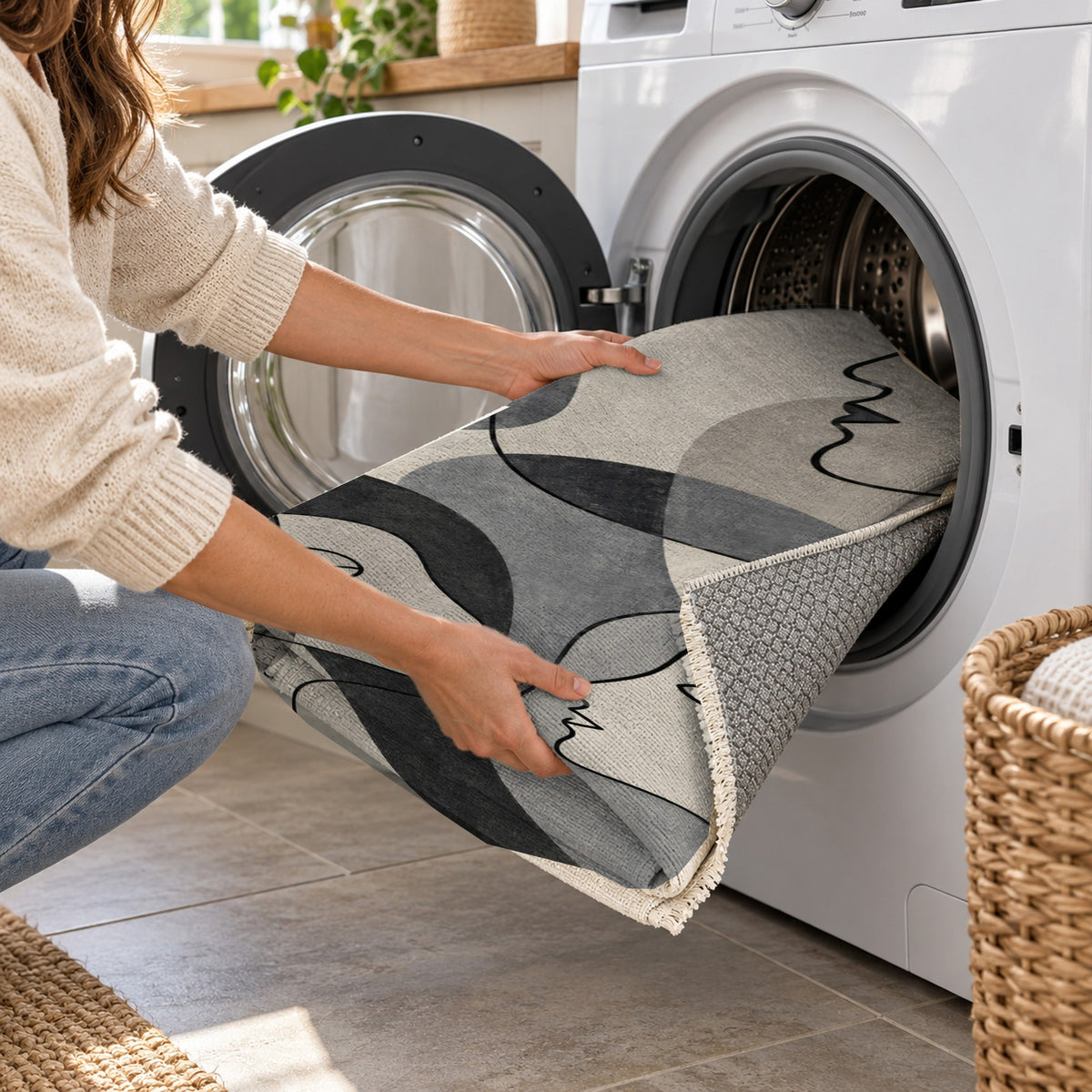 Conversation Charcoal Abstract Washable Rug — washing machine