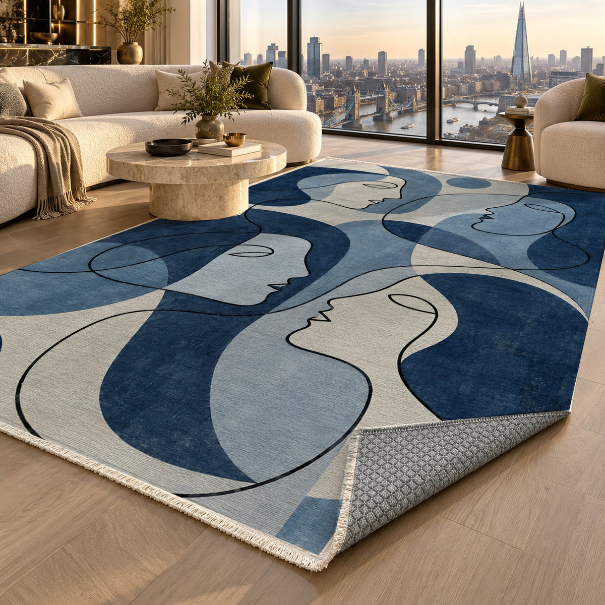 Conversation Indigo Abstract Washable Rug — london luxury living
