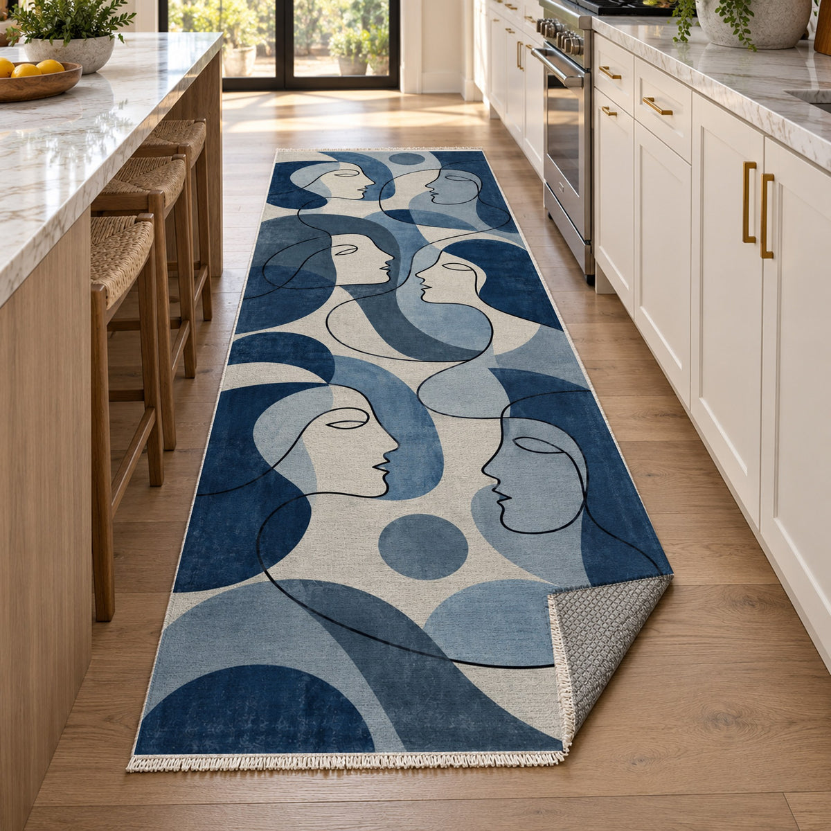 Conversation Indigo Abstract Washable Rug — new york kitchen runner