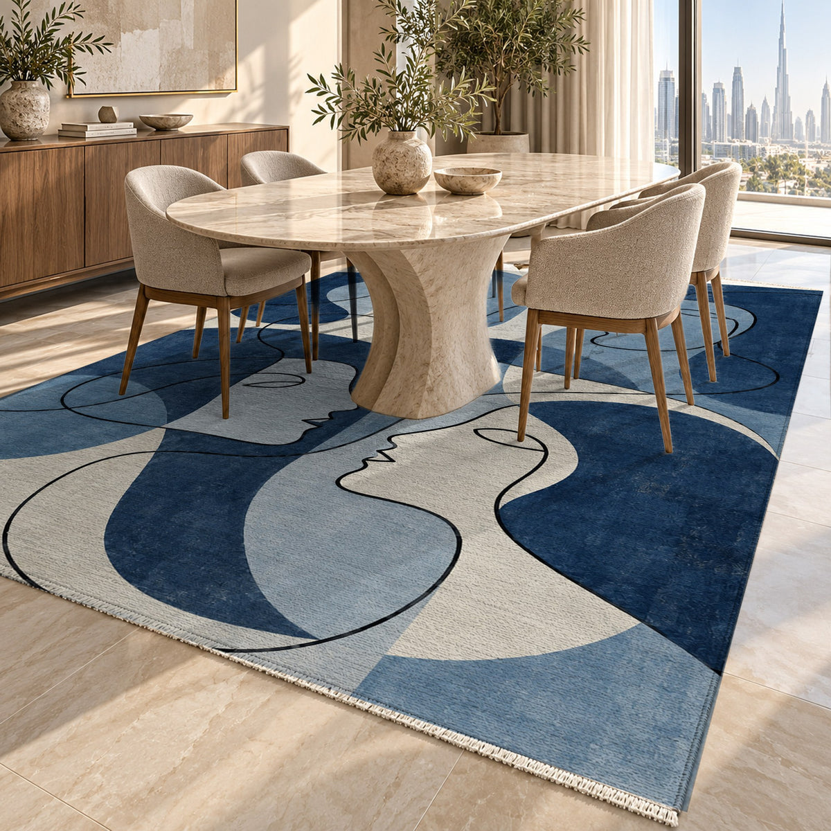 Conversation Indigo Abstract Washable Rug — dubai dining