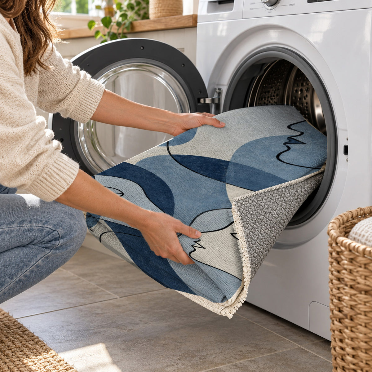 Conversation Indigo Abstract Washable Rug — washing machine