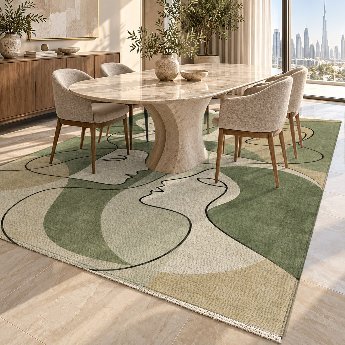 Conversation Sage Abstract Washable Rug — dubai dining