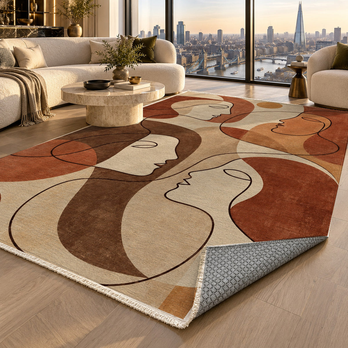 Conversation Terracotta Abstract Washable Rug — london luxury living