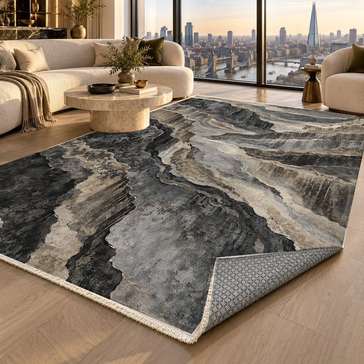 Copper Canyon Charcoal Abstract Washable Rug — london luxury living