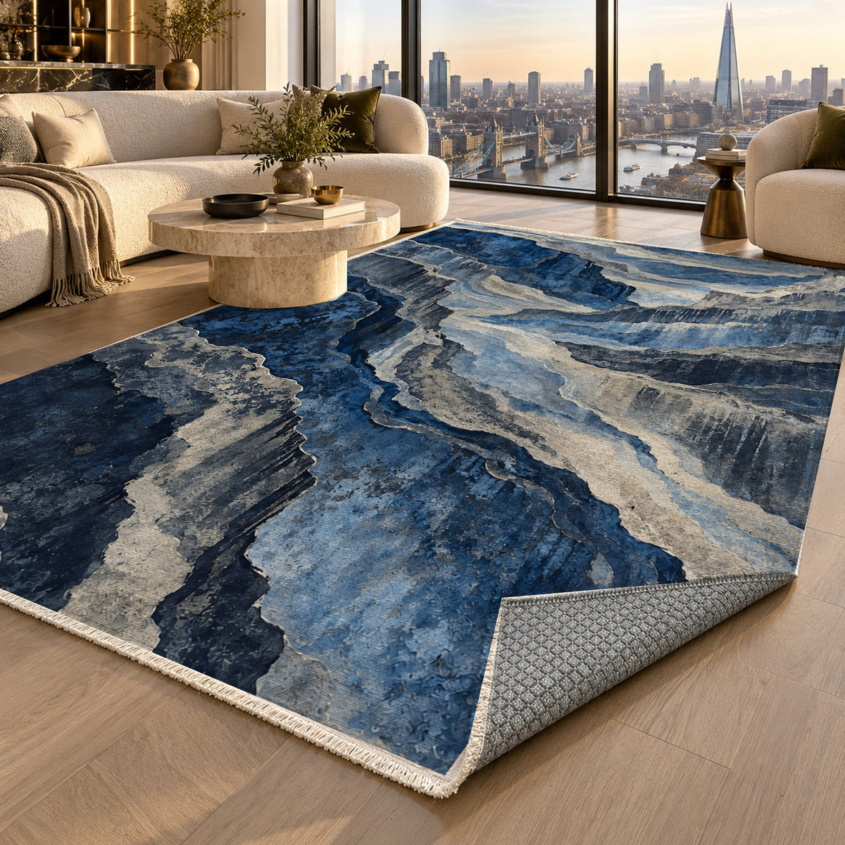 Copper Canyon Indigo Abstract Washable Rug — london luxury living