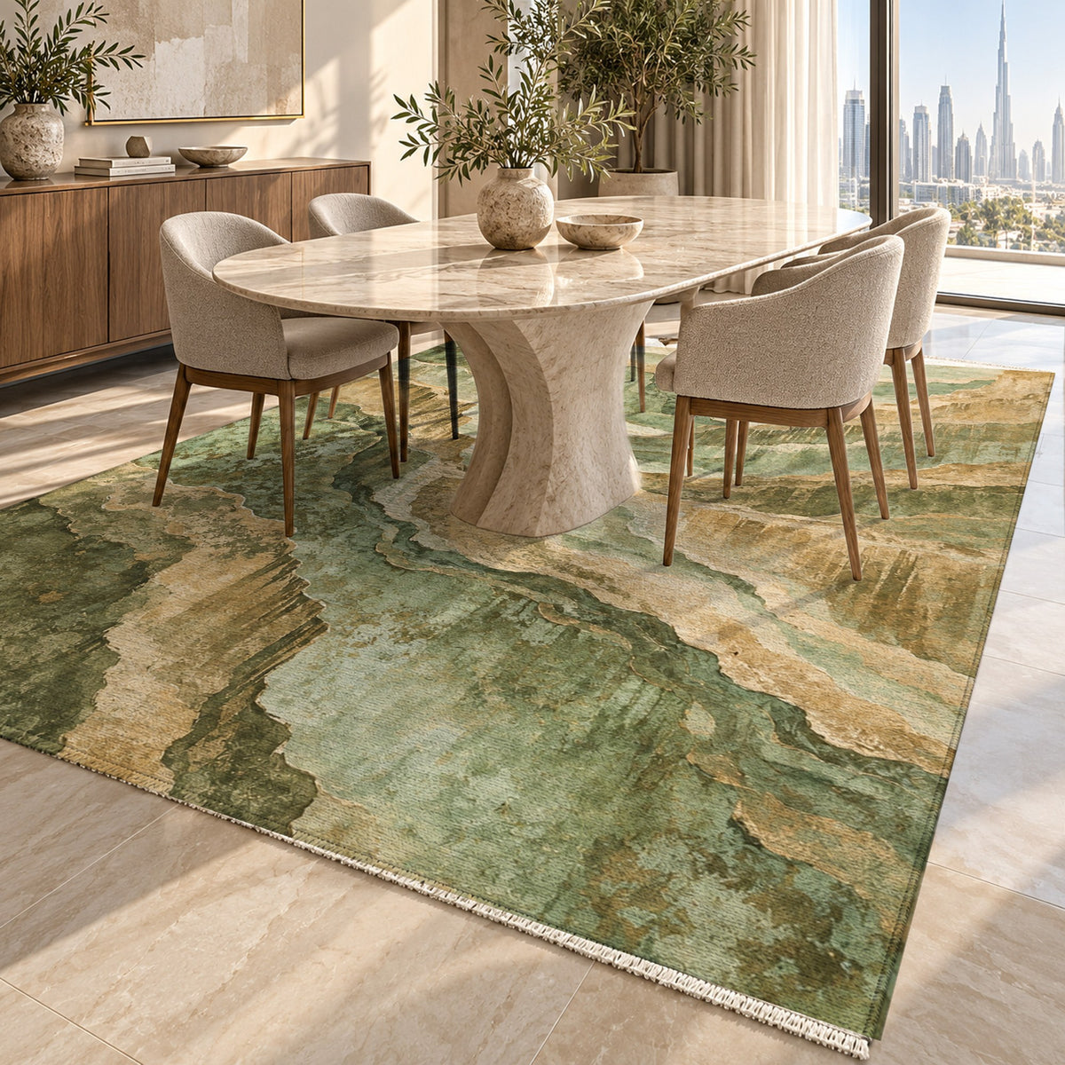 Copper Canyon Sage Abstract Washable Rug — dubai dining
