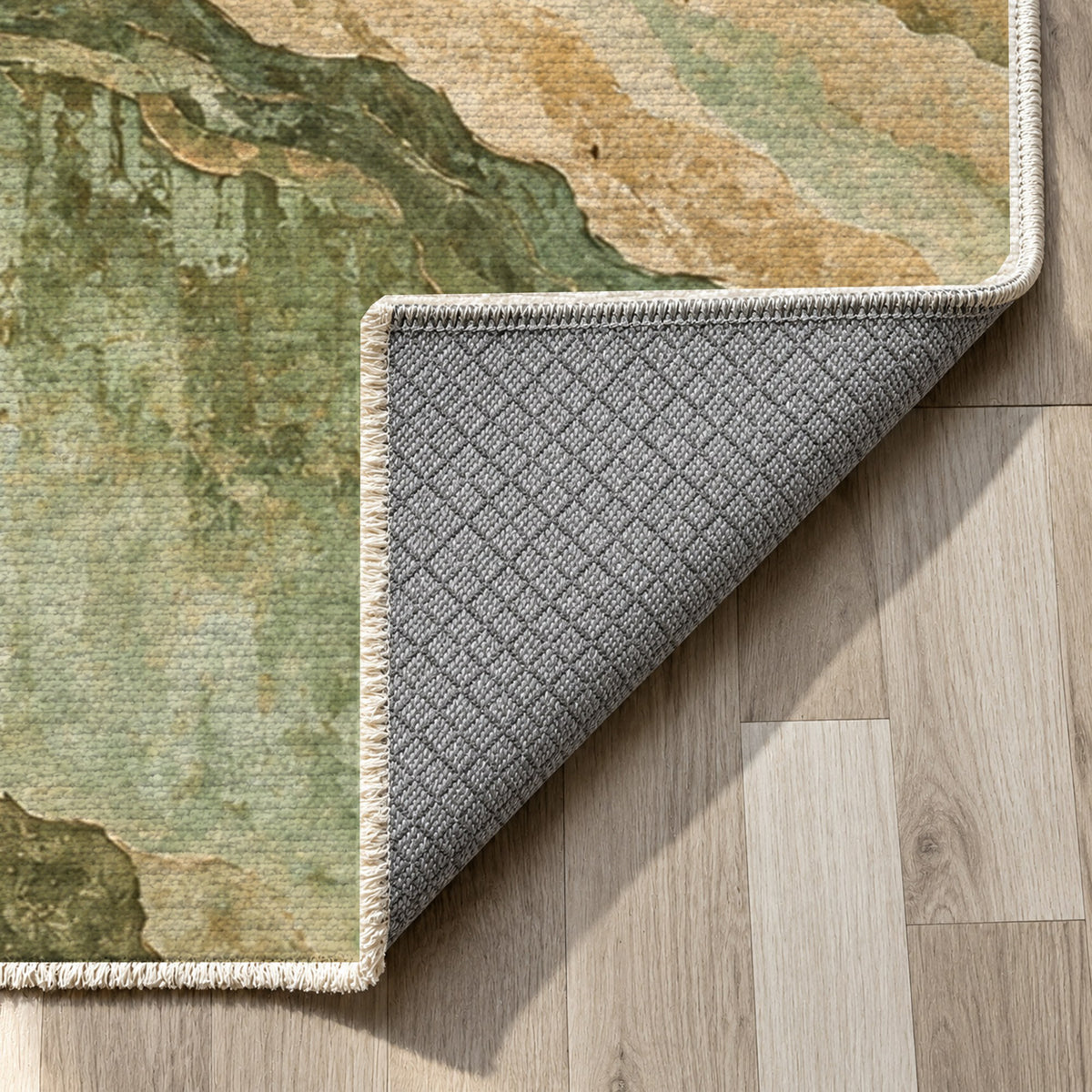 Copper Canyon Sage Abstract Washable Rug — backing close up