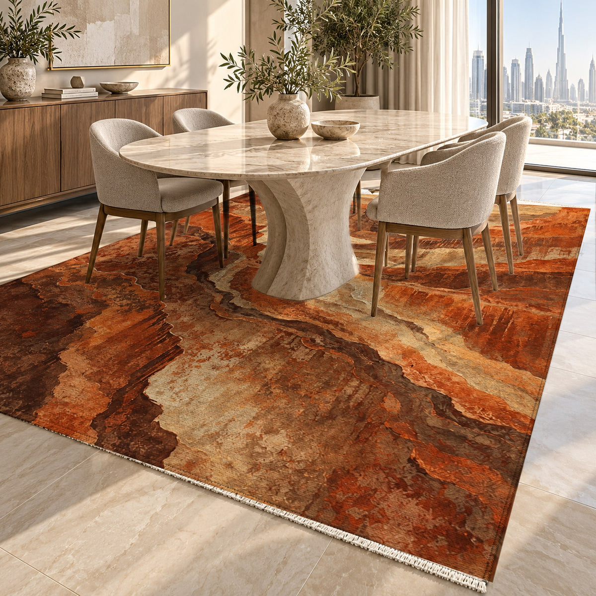 Copper Canyon Terracotta Abstract Washable Rug — dubai dining