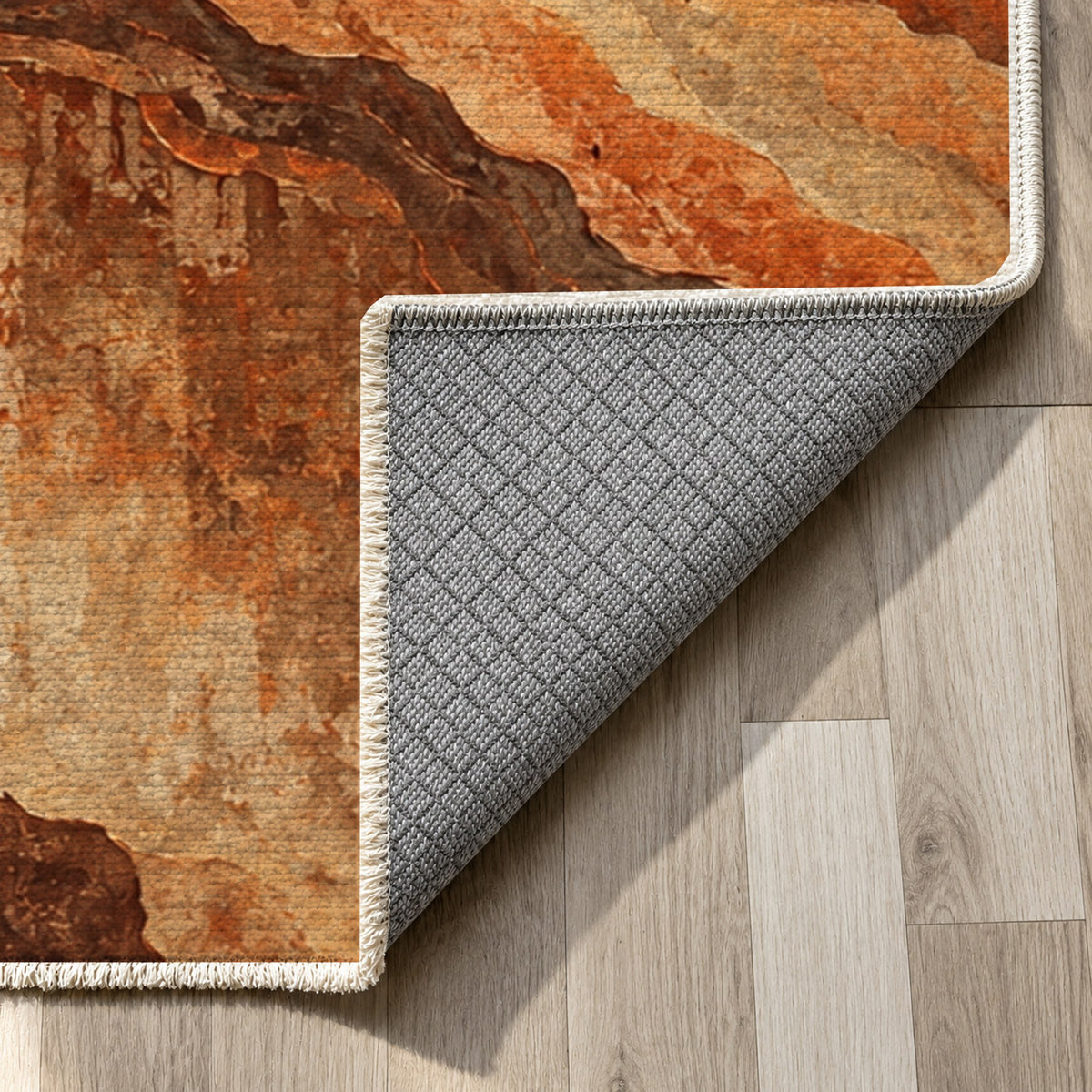 Copper Canyon Terracotta Abstract Washable Rug — backing close up