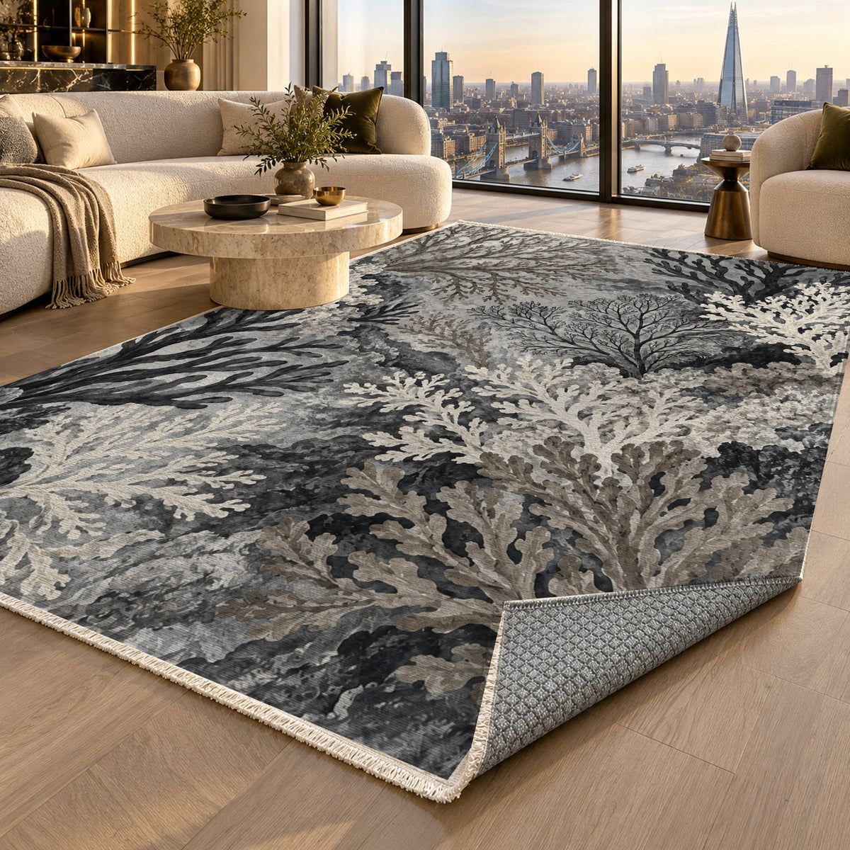 Coral Garden Charcoal Abstract Washable Rug — london luxury living