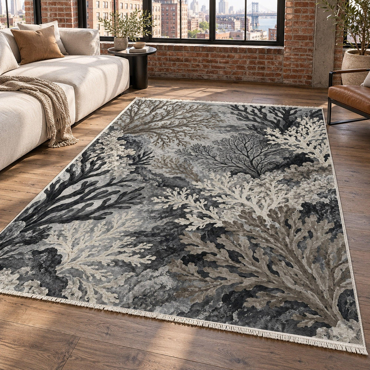 Coral Garden Charcoal Abstract Washable Rug — new york living