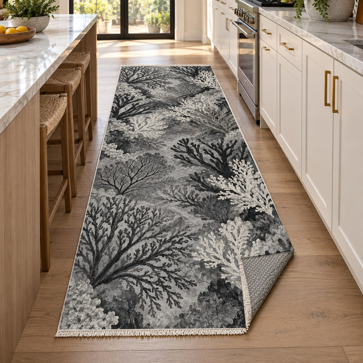 Coral Garden Charcoal Abstract Washable Rug — new york kitchen runner