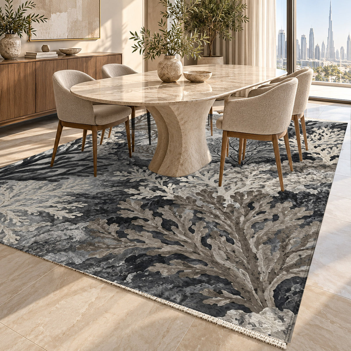 Coral Garden Charcoal Abstract Washable Rug — dubai dining