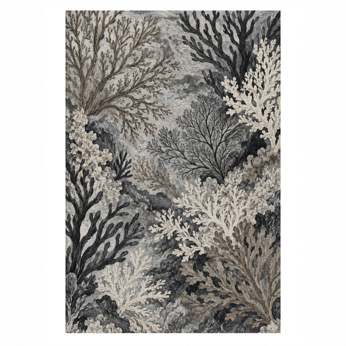 Coral Garden Charcoal Abstract Washable Rug — top view