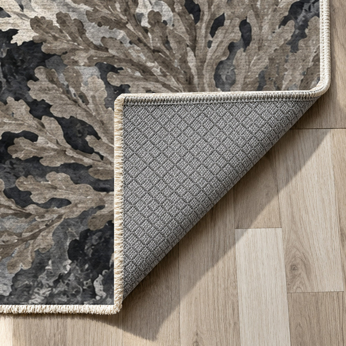Coral Garden Charcoal Abstract Washable Rug — backing close up
