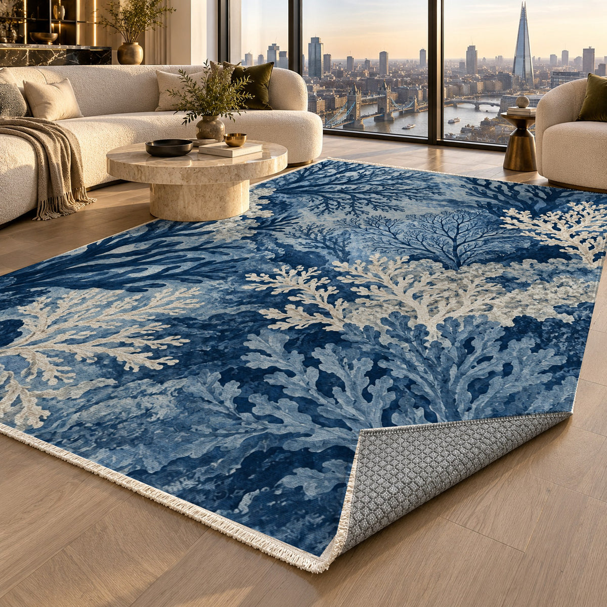 Coral Garden Indigo Abstract Washable Rug — london luxury living