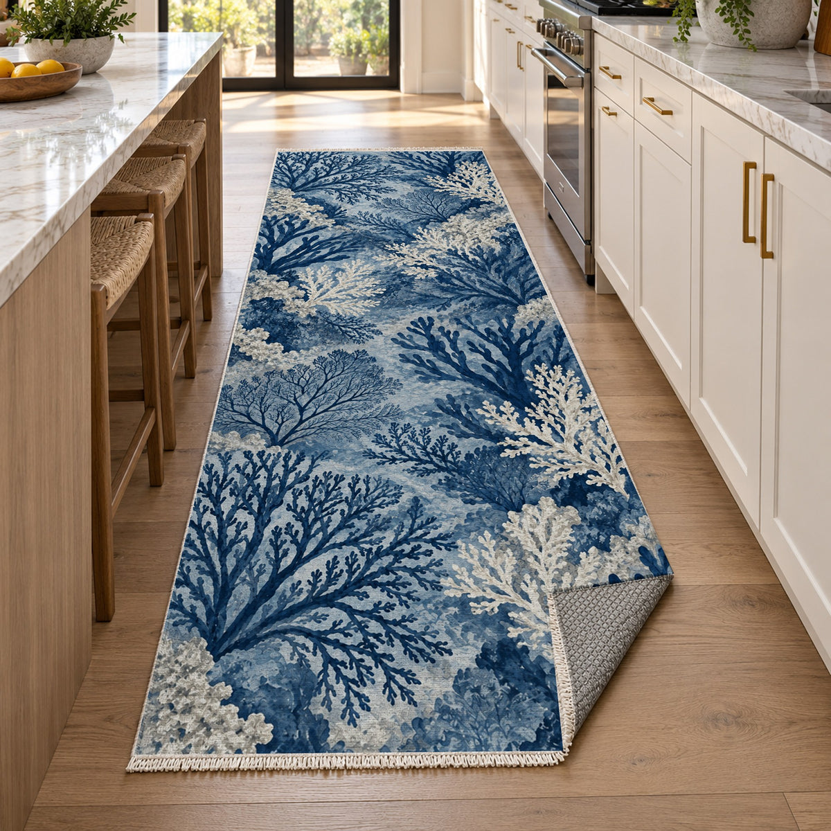 Coral Garden Indigo Abstract Washable Rug — new york kitchen runner