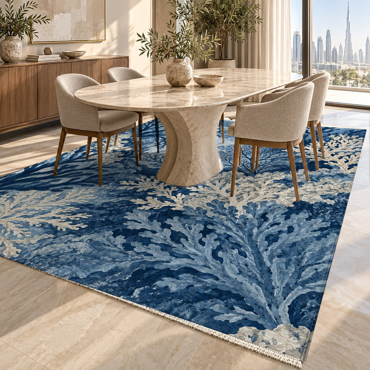 Coral Garden Indigo Abstract Washable Rug — dubai dining