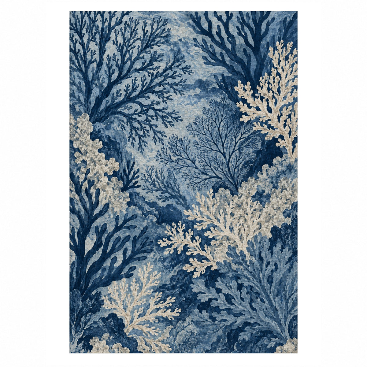 Coral Garden Indigo Abstract Washable Rug — top view