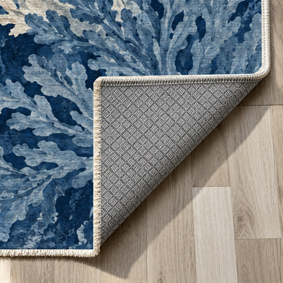Coral Garden Indigo Abstract Washable Rug — backing close up