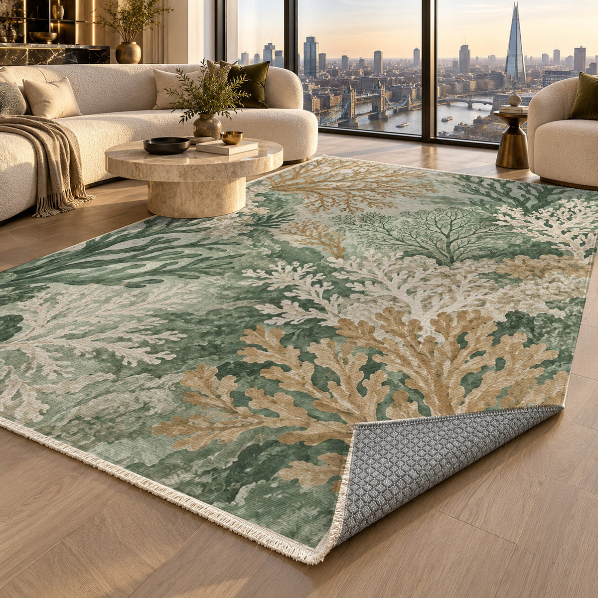 Coral Garden Sage Abstract Washable Rug — london luxury living