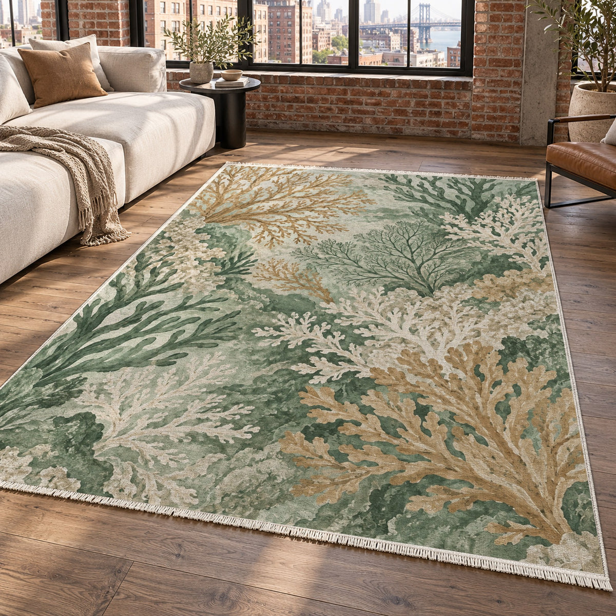 Coral Garden Sage Abstract Washable Rug — new york living