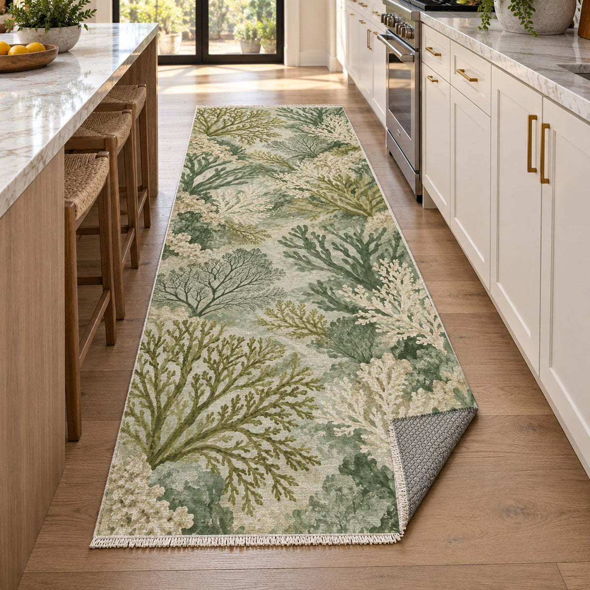 Coral Garden Sage Abstract Washable Rug — new york kitchen runner