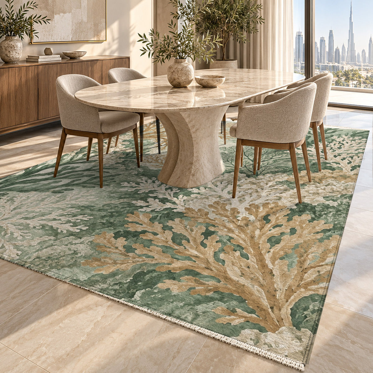 Coral Garden Sage Abstract Washable Rug — dubai dining